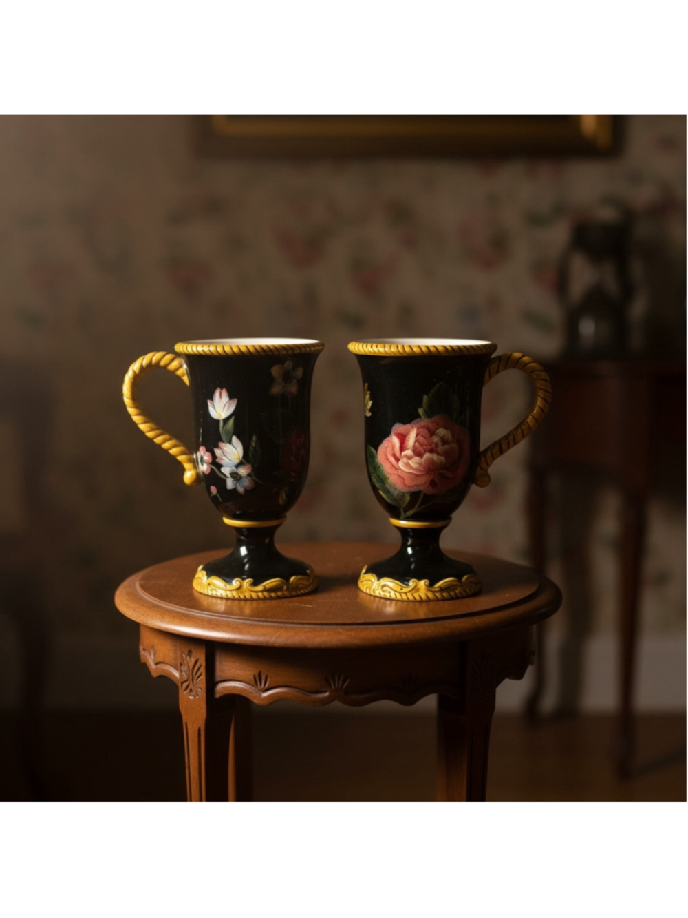 Raymond Waites Certified International Crimson garden Bali black pedestal mugs
